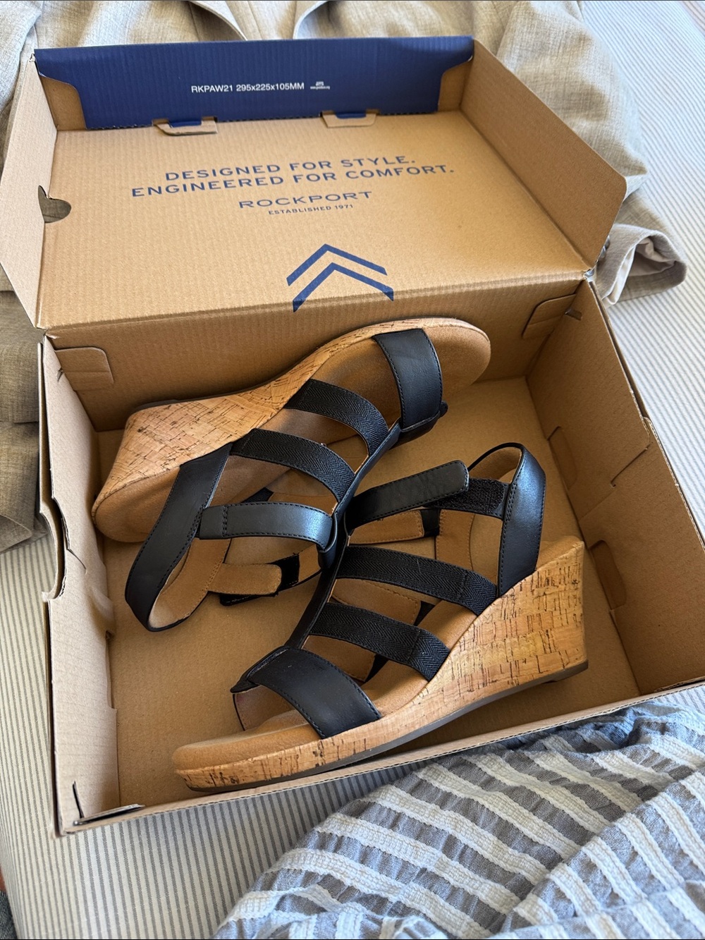 Rockport Black Strappy Cork Wedge Sandals